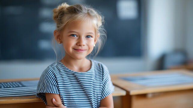 Little girl standing on a bench above a chalk American flag drawing for Memorial Day, innocent patriotism concept, childhood holiday photography, with copy space