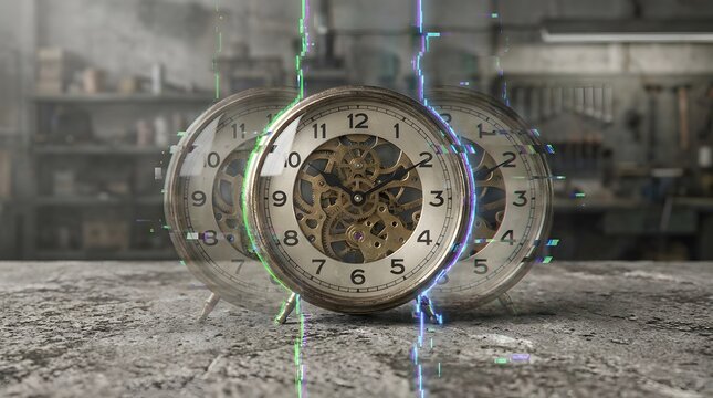Three clocks showing past present and future time in a workshop setting.