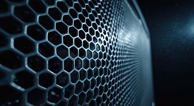 Close-up of a Hexagonal Metal Grid Pattern with Blue Lighting.
