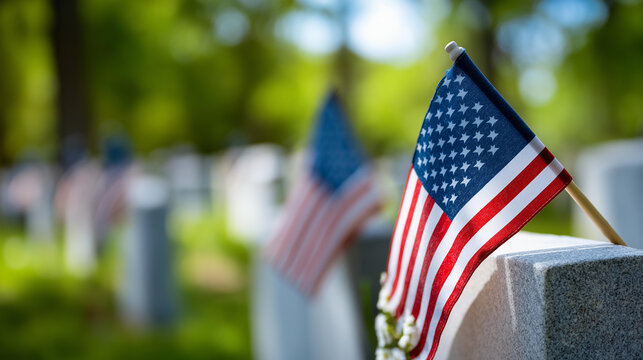 Military headstones adorned with American flags for Memorial Day, solemn tribute concept, national cemetery photography, with copy space