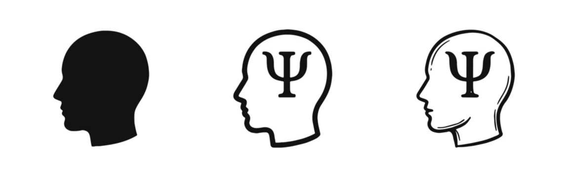 Psychology Symbol psi in Human Head Icon Set in Three Styles