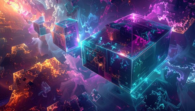 Interlocking geometric crystalline structures representing quantum bits processing data in a vibrant digital environment showing complex light patterns and futuristic computer technology.