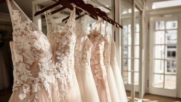 Elegant Wedding Dresses Hanging in Bridal Boutique Display.