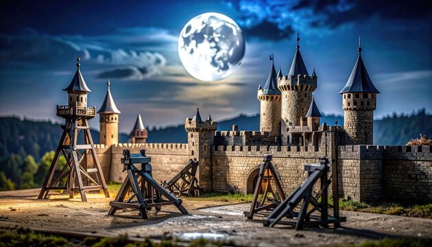 Miniature gothic style fortress with wrought iron siege towers and catapults illuminated by a glowing full moon in the dark night sky. A detailed historical warfare display scene.
