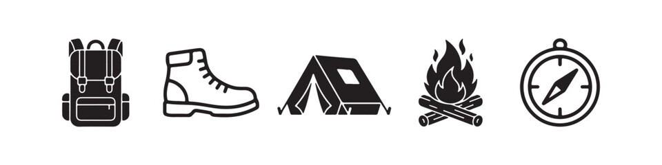Fototapeta premium Vector icons of outdoor hiking gear in a minimalist style, featuring a trekking boot, campfire, rugged backpack, compass, and tourist tent