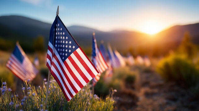 Field of American flags at golden sunset, Memorial Day tribute concept, patriotic landscape photography, national remembrance, with copy space