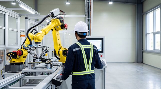 Factory technician operating automated robotic arm assembly line modern industrial manufacturing process automation technology