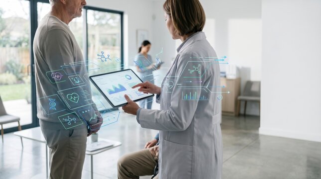 Future healthcare technology doctor analyzing medical data on smart tablet with holographic interface personalized medicine patient care digital health monitoring system for