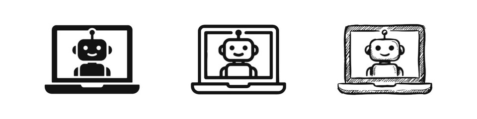 Naklejka premium Chatbot AI on Laptop Screen Icon Set in Three Styles: Solid, Outline, and Hand-Drawn