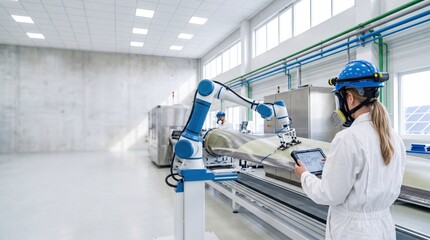 Naklejka premium Female industrial engineer operating blue robotic arm in smart manufacturing factory inspecting aircraft component with tablet computer Industry 40 automation technology concept