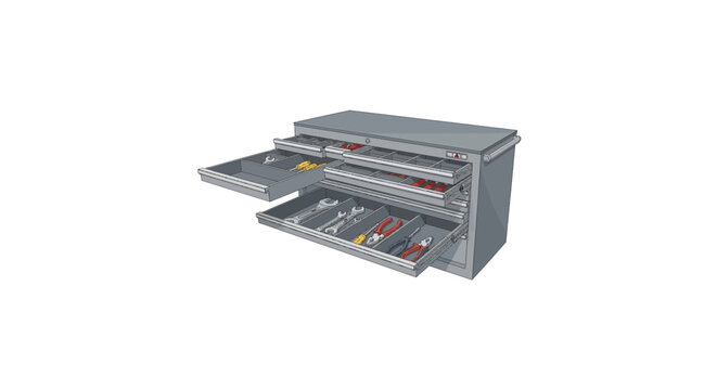 Metal tool chest with open drawers showing organized hand tools and accessories.