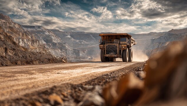Massive Mining Truck Hauling Ore Through a Dusty Open Pit Mine.