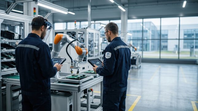 Male industrial engineers wearing safety glasses and work uniforms monitoring robotic arm assembling circuit boards on production line in modern factory warehouse with yellow