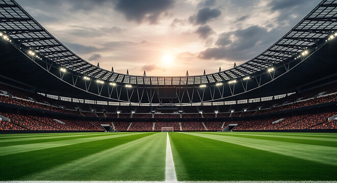 Grand sports stadium view with a lush green field under dramatic sunset clouds, massive lighting rigs illuminating the empty arena seating bowl prepared for a major international athletic competition