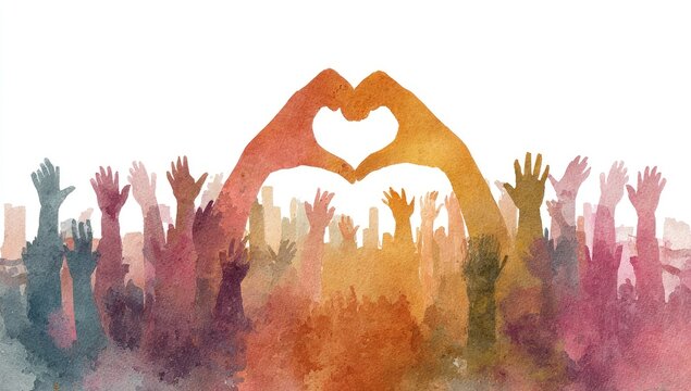 Diverse Crowd Forming Heart Shape with Hands Symbolizing Unity and Love.
