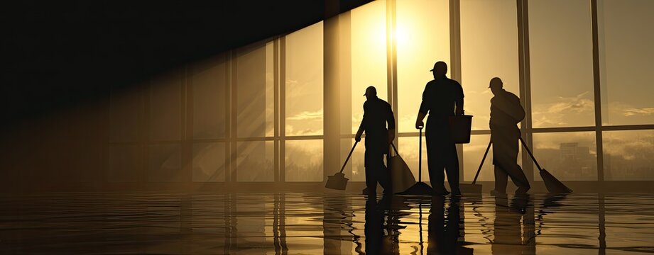 Silhouettes of Cleaners Working in a Modern Office Building at Sunset.