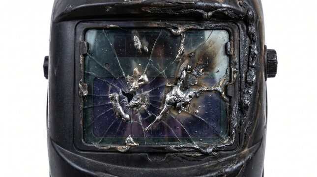 Damaged welding helmet with cracked glass visor and hardened melted metal slag splatters isolated on a white background