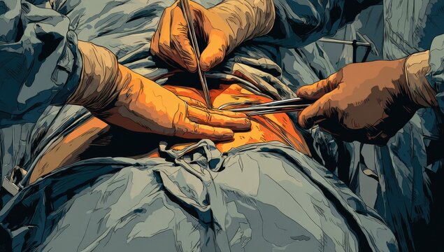 Surgeons Performing Complex Abdominal Surgery with Precision Instruments.