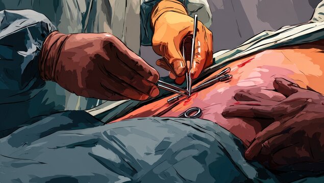 Surgeons Performing Complex Abdominal Surgery with Precision Instruments.