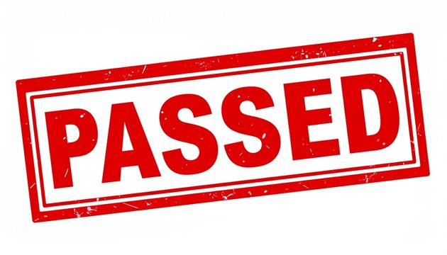 Red PASSED stamp impression, approval and official success symbol in bold distressed design
