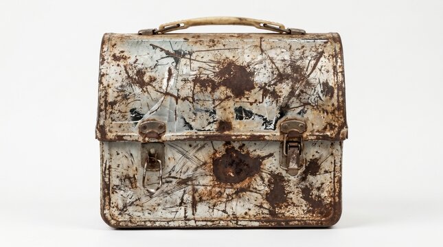 Rusted and scratched vintage metal briefcase with broken latches and dented surface isolated on a white background