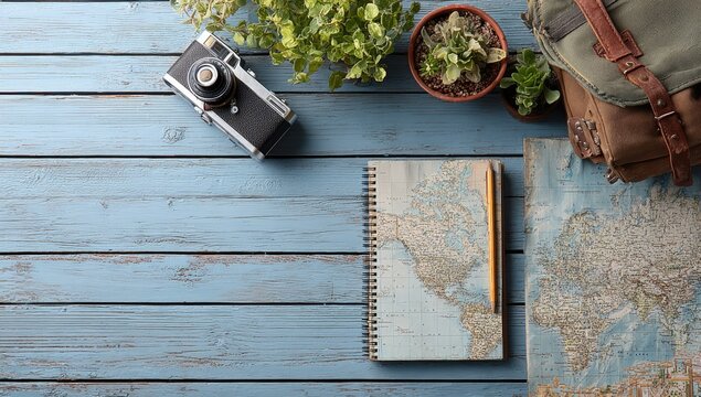 Vintage Travel Essentials Laid Out on a Rustic Blue Wooden Surface.