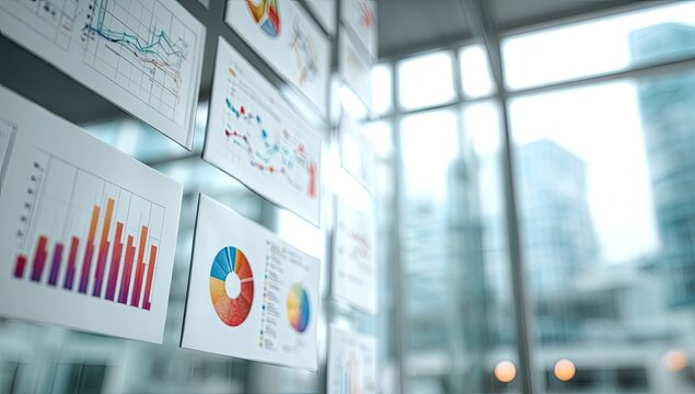 Financial Charts and Graphs Displayed on a Modern Office Wall.