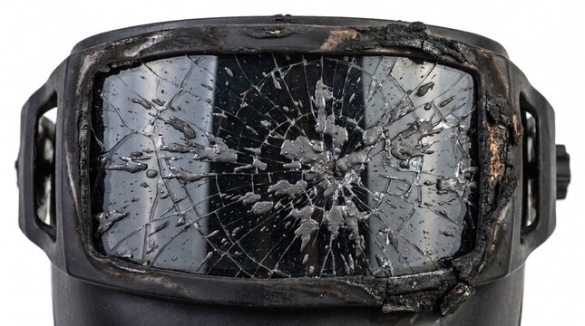 Smashed welding helmet with shattered dark glass visor and hardened metal slag splatters with scorched edges isolated on a white background