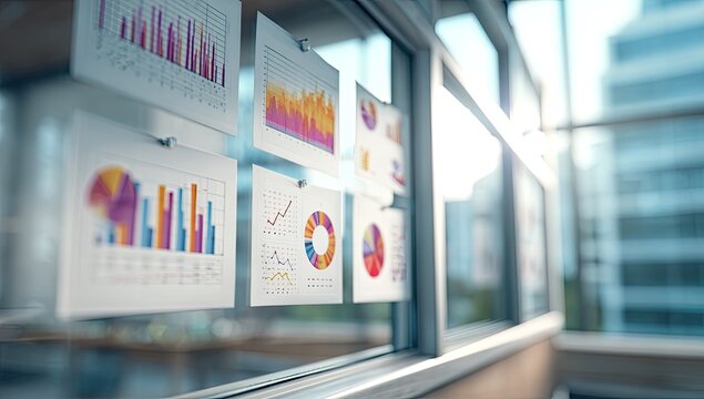 Financial Charts and Graphs Displayed on Office Window with City View.