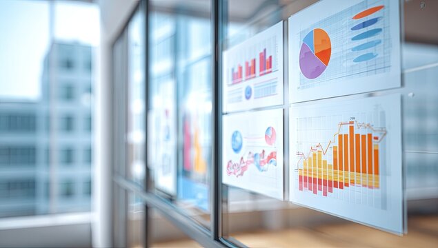 Modern Office Glass Wall Displaying Financial Charts and Graphs.