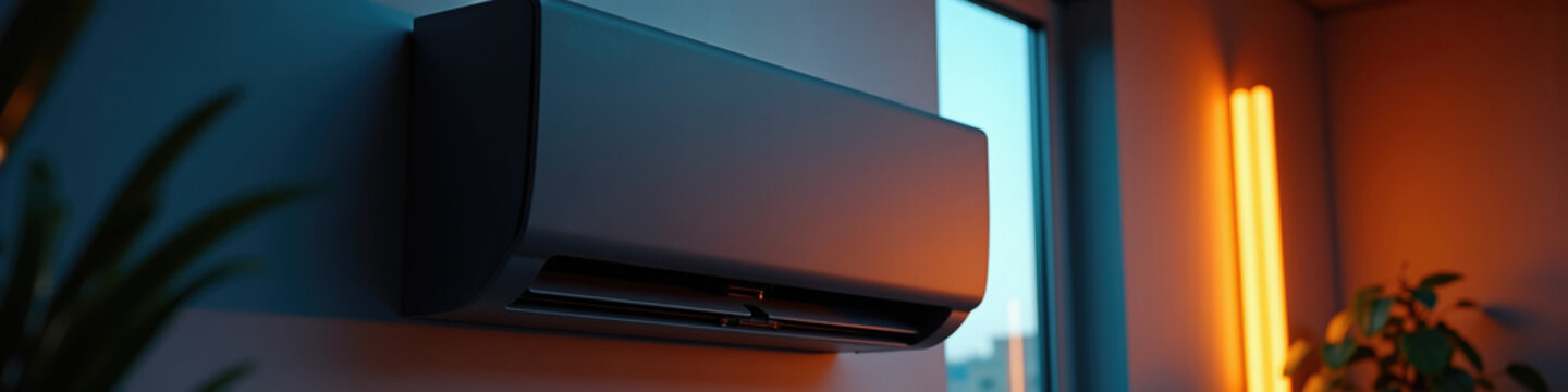Dark graphite wall mounted air conditioner in a modern room with dramatic lighting. Contrasting cool blue window light and warm amber neon lamp. Contemporary home climate control appliance