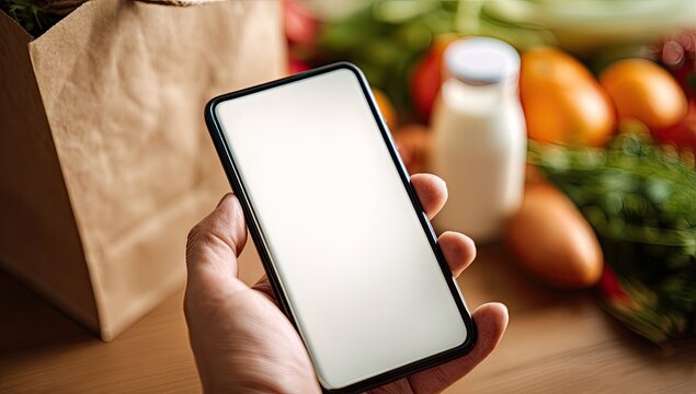 Hand Holding Smartphone with Blank Screen Amidst Groceries.