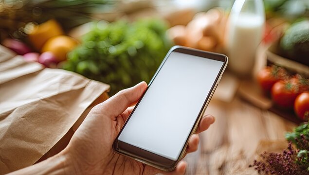 Person holding smartphone with fresh groceries in background.