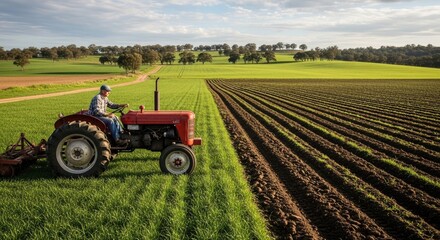 Fototapeta premium Farmer Driving Tractor Through Lush Green Field Cultivating Soil.