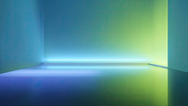 Abstract Futuristic Room with Neon Blue and Green Light Illumination.