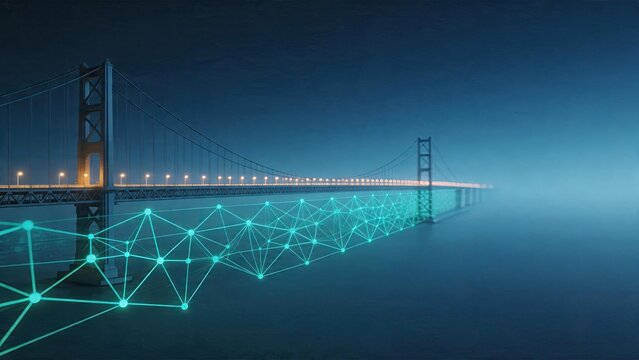 Futuristic suspension bridge blue glowing network nodes connecting water and sky smart city infrastructure artificial intelligence technology internet of things concept digital