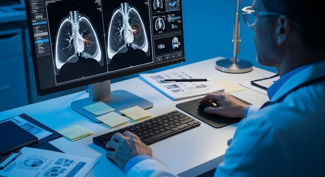 A radiologist using advanced software to analyze digital lung CT scans on a computer screen, identifying potential tumors for World Lung Cancer Day and promoting early medical intervention