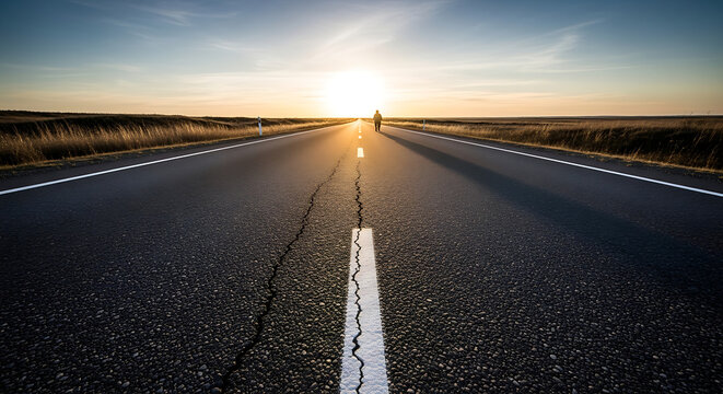 A long, straight asphalt road with a crack down the middle, leading towards a bright setting sun on the horizon with dry fields on either side.