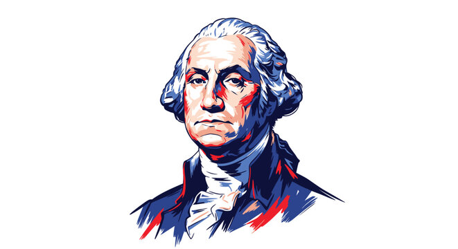 Illustration of George Washington in patriotic red white and blue colors.