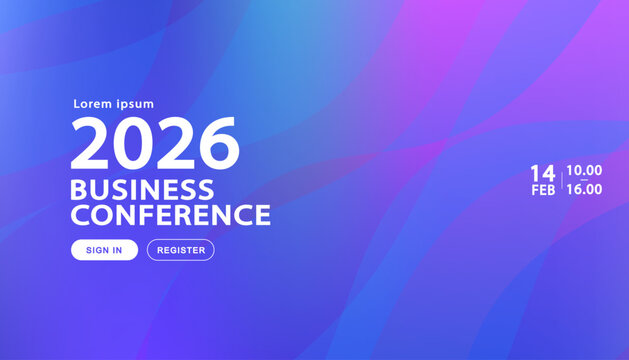 Professional announcement banner featuring elegant blue-violet gradient wavy layers on a soft background designed for global business summits leadership workshops and corporate branding events