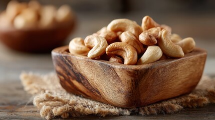 Fototapeta premium A close-up of a wooden bowl filled with delicious cashews, showcasing their rich texture and color, ideal for healthy snacking or gourmet recipes in stylish table settings.