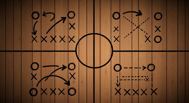 Soccer coaching strategy board on wooden floor with tactics diagrams for game plan and team training