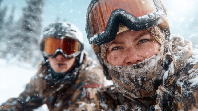 Two snowboarders pose close together in a snowy environment, capturing the thrill of adventure and the chill of winter sport activities amidst a flurry of snow.