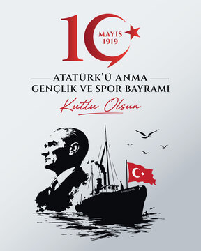 Happy May 19 Commemoration of Atat&uuml;rk Youth and Sports Day Vector Illustration. Translate: 19 Mayıs Atat&uuml;rk&rsquo;&uuml; Anma Gen&ccedil;lik ve Spor Bayramı Kutlu Olsun &ndash; Vekt&ouml;r Tasarım.