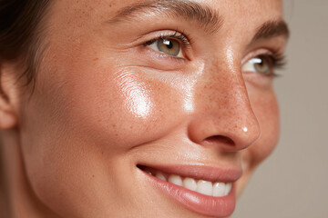 Fototapeta premium Glowing hydrated cheek with visible freckles and smooth skin texture, close up of smiling face with natural makeup and healthy radiance