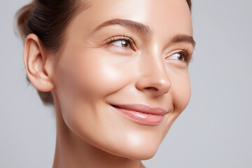 Obraz premium Radiant glowing skin close up luminous complexion soft white light natural makeup gentle smile youthful healthy skin texture serene expression