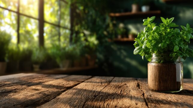 A mint plant flourishing in a rustic jar sits atop a weathered wooden table, bathed in sunlight, representing freshness and the essence of home gardening.
