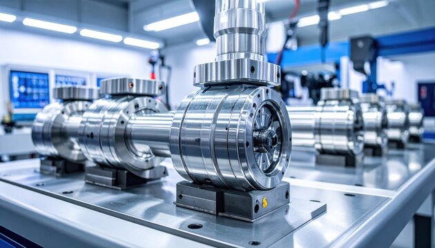 Precision machined quantum resonator components displayed on a laboratory workstation. These metallic parts exhibit high surface finishes for advanced scientific technological research.