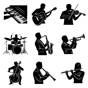 Professional Musicians Playing Various Instruments Silhouette Icons Including Piano, Guitar, Violin, Drums, Saxophone, Trumpet, Cello, Flute and Oboe