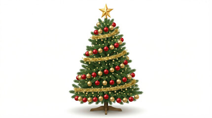Fototapeta premium Decorated Christmas tree with red ornaments and golden garland on white background